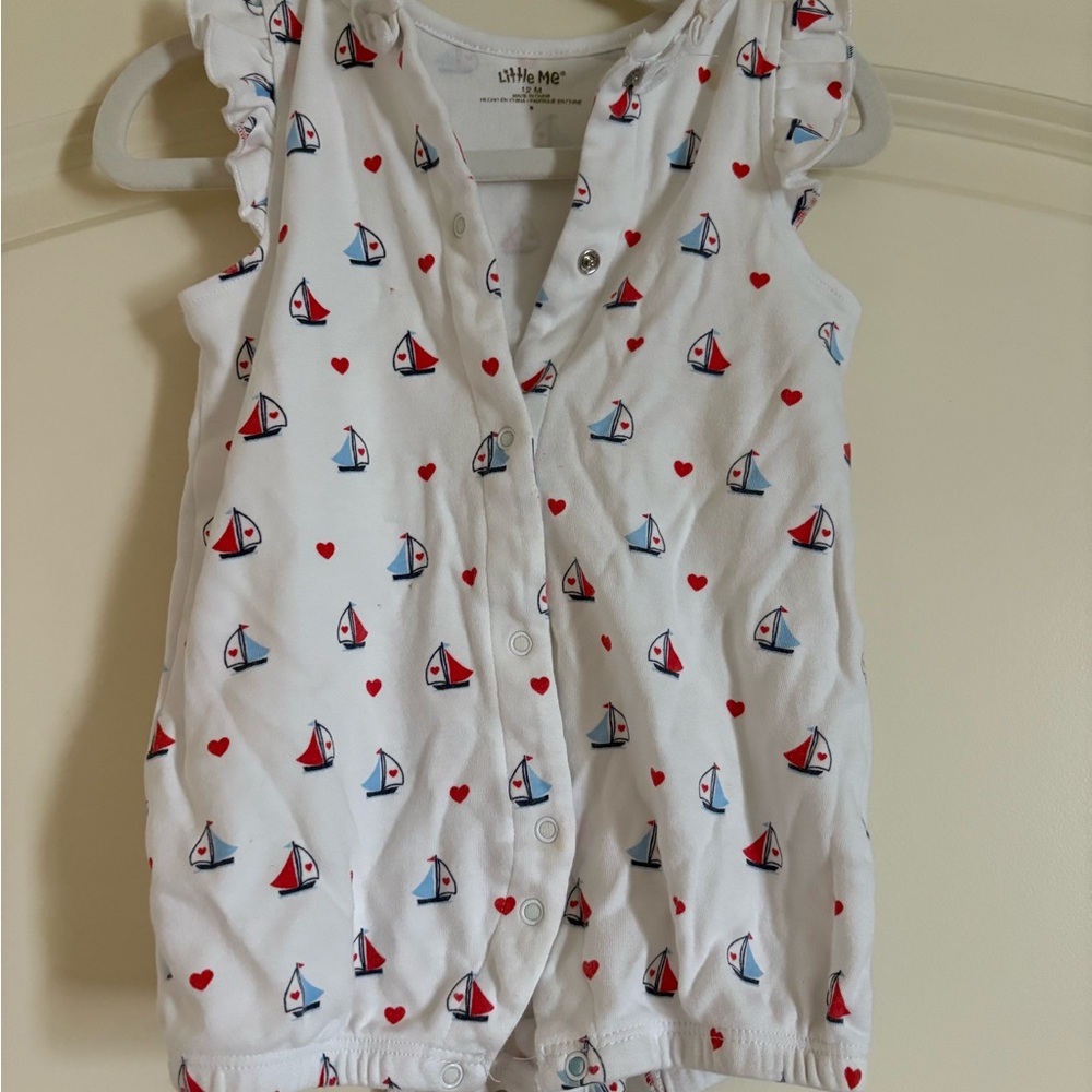 Little Me White and Red Sailboat One Piece Pajama Set